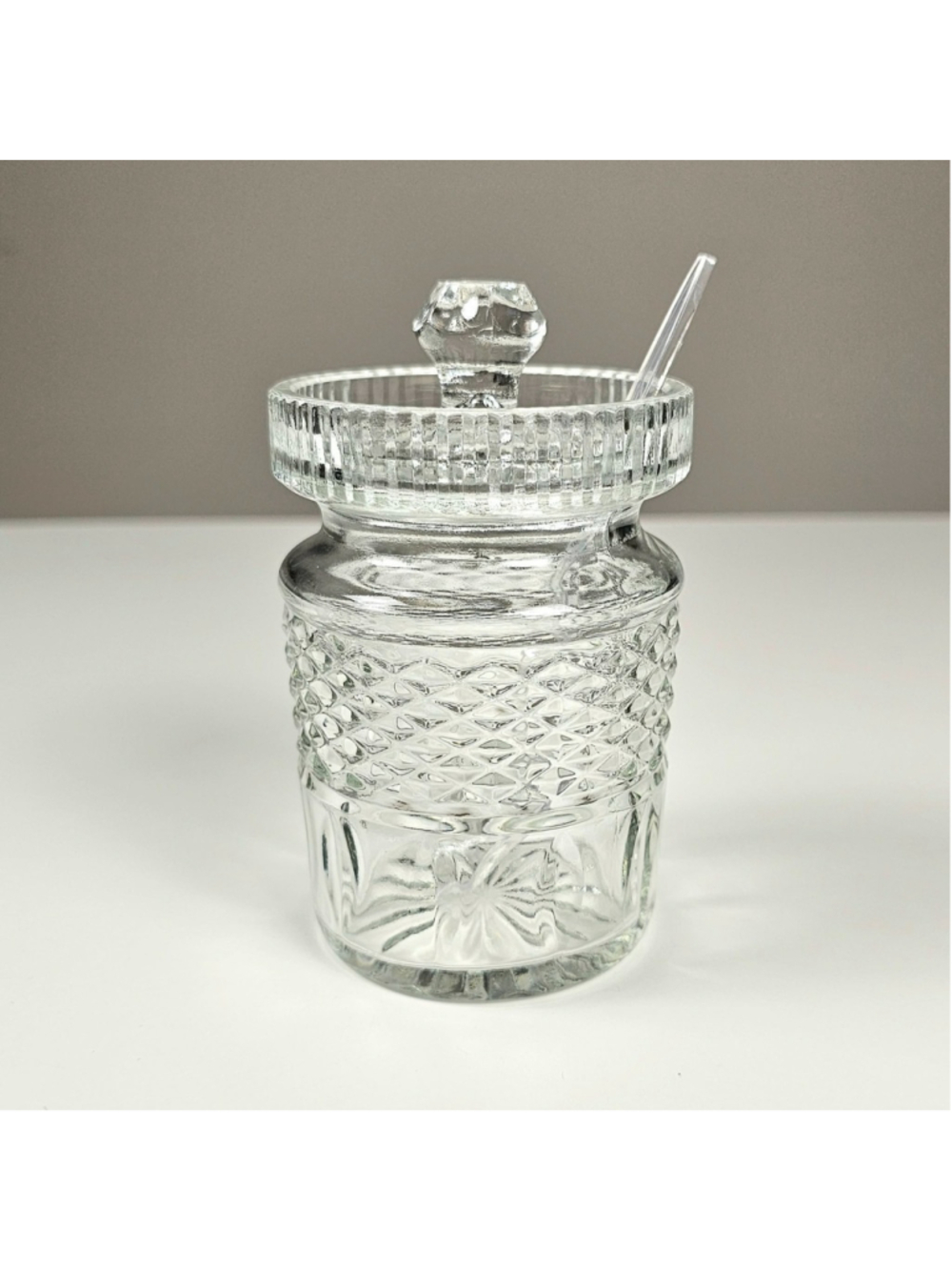 VTG Clear Pressed Glass Jam Jelly Jar & Lid with Spoon Mid-Century Diamond Cut